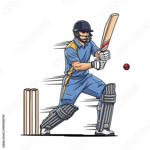 Dynamic cricket batsman ready to hit the ball with power, action, and speed in a vibrant sports illustration