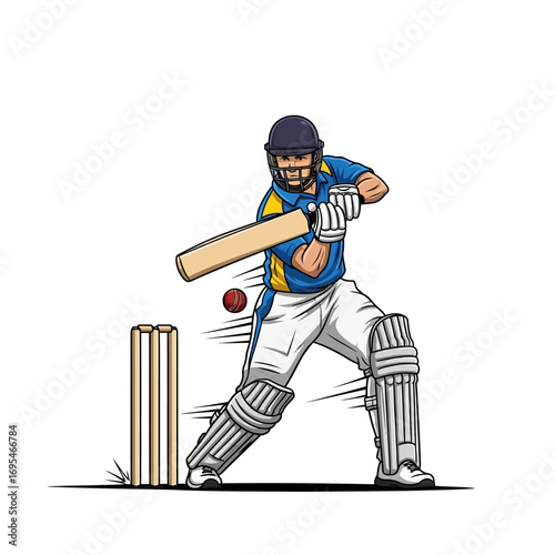 Dynamic cricket player swinging bat to hit ball during game with intense focus and determination, action illustration