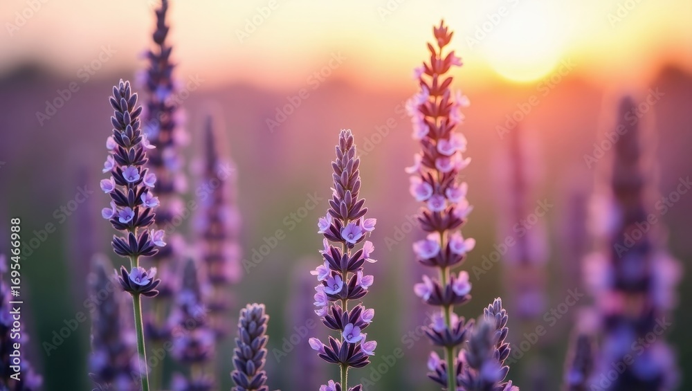 Obraz premium Lavender blossoms stand tall against a soft, golden sunset, showcasing delicate purple hues.