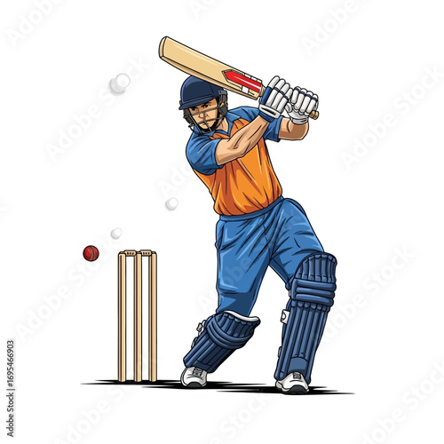 Dynamic batsman in action, powerfully swinging bat at incoming ball during intense cricket match, capturing sport's thrill