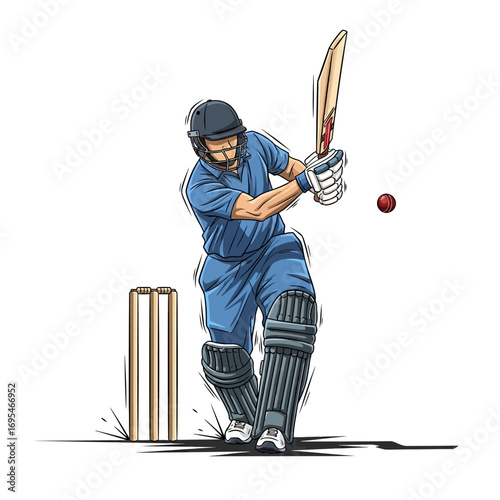 Dynamic cricket batsman powerfully swinging his bat to hit the ball during a thrilling match, captured in action with wickets nearby