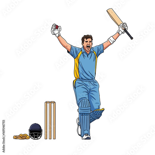 Victorious cricket player celebrating a stunning win with bat and ball raised in triumph, perfect for sports advertising and team spirit visuals today