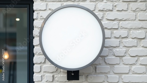 A round, blank sign mounted on a light gray brick wall, perfect for custom business signage.