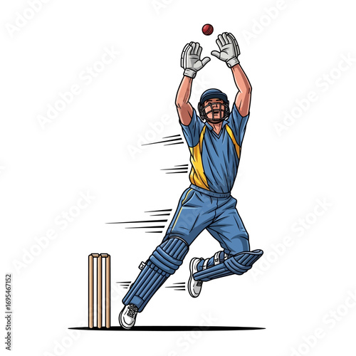 Dynamic cricket player making an athletic catch with amazing agility, great for sports advertising campaigns and athletic wear promotions