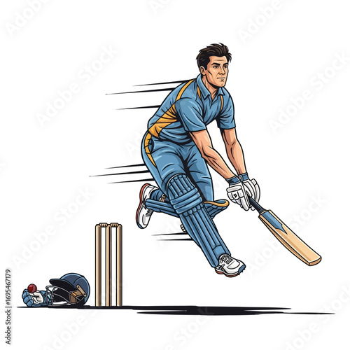 Dynamic cricket batsman powering forward with bat, bringing energy to sports illustrations, perfect for action-packed designs and athletic themes