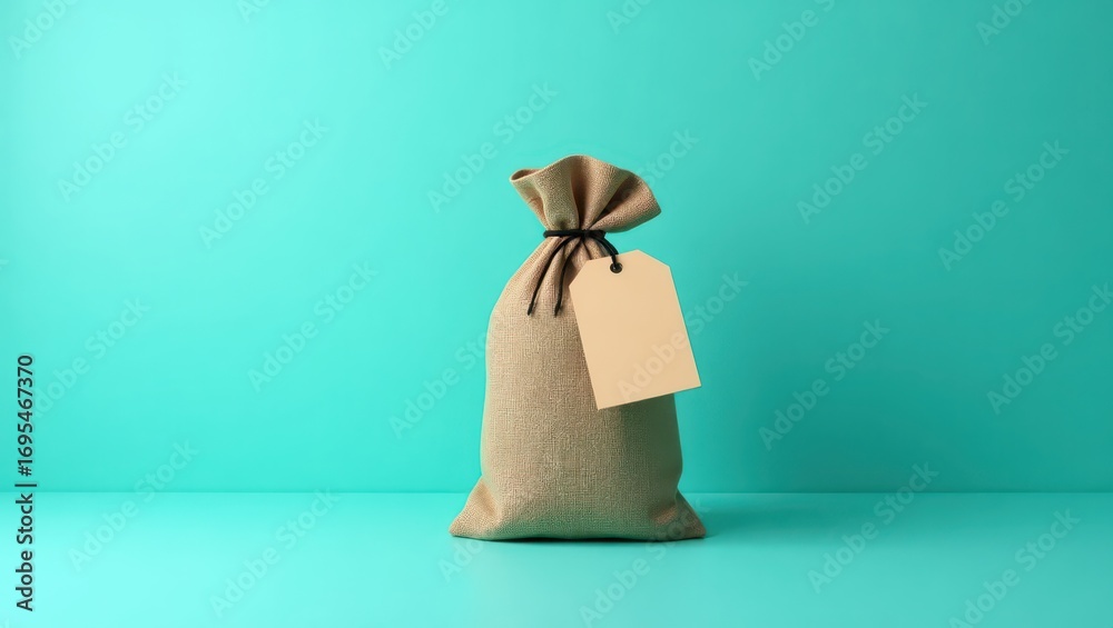 Fototapeta premium A simple, beige burlap sack with a blank tag, presented against a vibrant teal backdrop, evokes a sense of understated elegance and practicality.