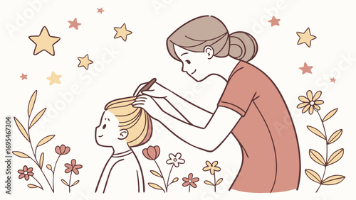 Mother gently combing her daughters hair surrounded by flowers and stars