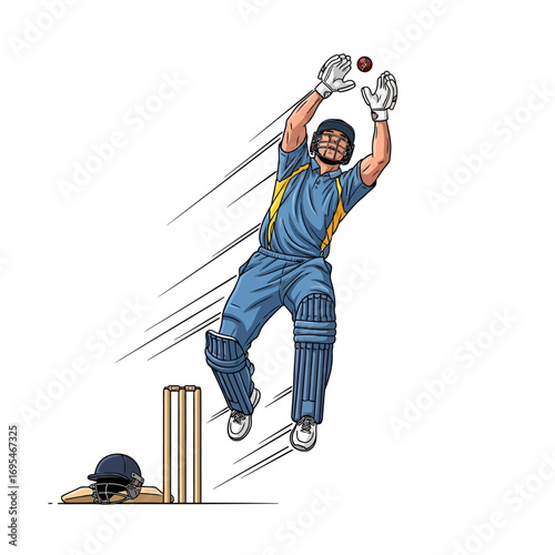 Dynamic cricket player making an athletic catch during a fast-paced game, showcasing skill and precision for sports promotions and team spirit campaigns