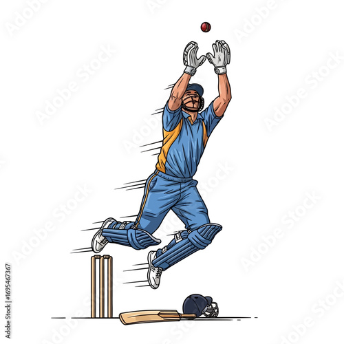 Exciting cricket player leaping for the catch wearing protective gear in a dynamic pose with bat and helmet on the ground ready for thrilling game
