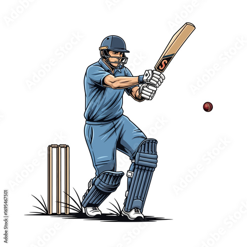 Concentrated cricket player ready to strike the ball with powerful swing, showcasing athletic skill and competitive spirit in a dynamic sporting moment