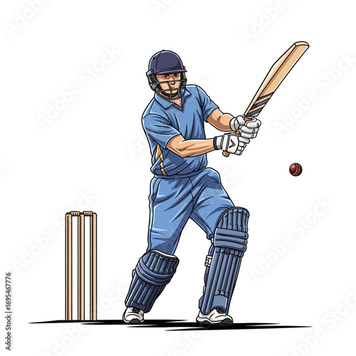 Dynamic cricket player poised to strike the ball with power and precision in an intense match, celebrating sportsmanship and athletic prowess