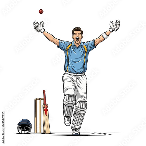 Cricket player celebrates victory with arms raised and ball mid-air after scoring a winning run, dynamic action