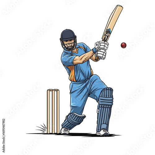 Powerful cricket player hitting the ball with bat in game action for sports advertising and promotional material, perfect for your next project
