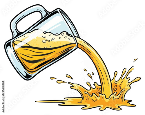 An illustration of a clear glass beer mug tilted, pouring golden liquid with foam onto a surface, creating a dynamic splash.