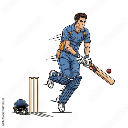 Dynamic cricket player swinging bat, hitting ball with powerful energy during sports competition, action illustration