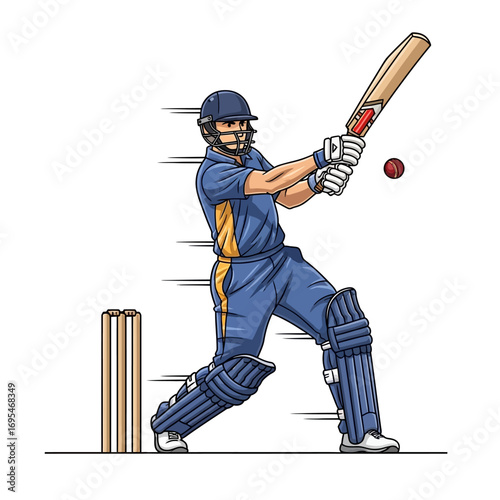 Dynamic cricket player swinging bat to hit ball during a match, action sports illustration for professional team branding and marketing campaigns