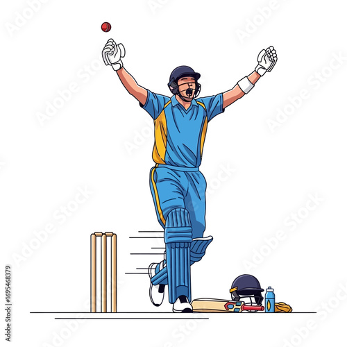 Cricket player celebrates victory with arms raised after scoring a winning run, dynamic action sports illustration
