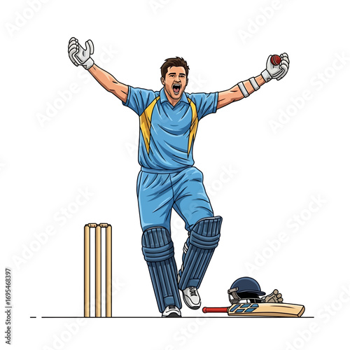 Cricket bowler celebrating victory, arms raised in triumph after a successful ball delivery, capturing the thrill of the game's defining moments