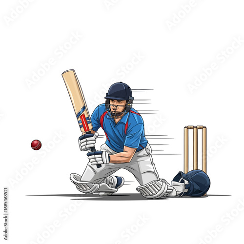 Dynamic cricket batsman poised to hit the ball with determination, action illustration for sports, competition, and success