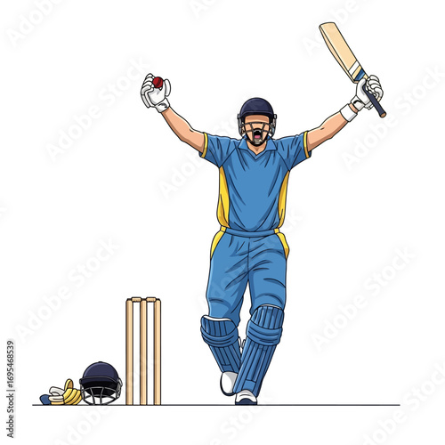 Cricket player celebrates victory with arms raised, bat held high, ball in hand, and a dynamic pose in a vibrant illustration