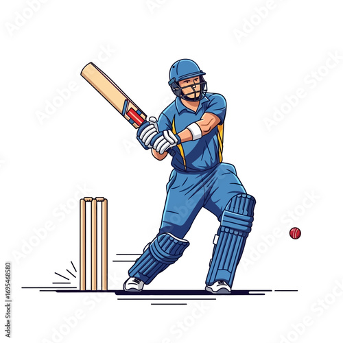 Dynamic cricket player swinging bat ready to hit the ball in a vibrant, action-packed illustration, perfect for sports promotions