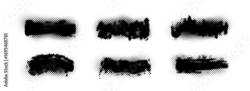 Halftone grunge comic banner set. Rough dotted grainy dirty stripe collection. Vector pop art paint stain shape pack. Gritty distressed elements for text box, poster, badge, collage, border, frame