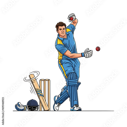 Dynamic illustration of a cricket player in action, ready to bowl the ball, perfect for sports marketing and branding projects