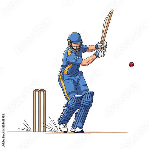 Dynamic cricket batsman swinging bat, ready to hit the ball during a match in vibrant action with wickets in the background