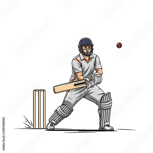 Dynamic cricket batsman ready to hit the ball with bat and protective gear, perfect for sports advertising and team branding