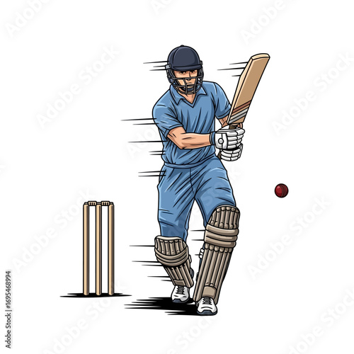 Dynamic cricket player swinging bat with speed lines ready to hit the ball in professional sports competition