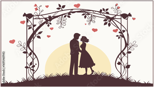 Romantic couple silhouetted under a floral arch at sunset