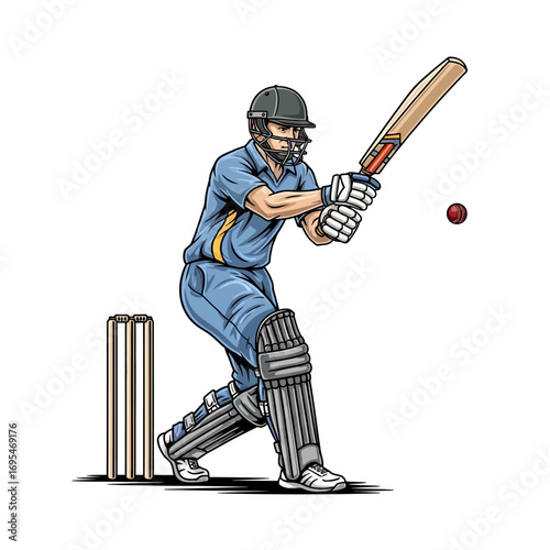 Dynamic cricket batsman swinging bat, ready to hit the ball during a professional sports competition, action shot
