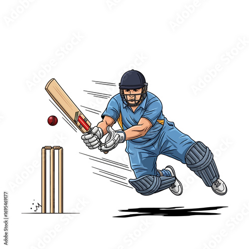 Dynamic cricketer in action hitting a powerful shot during a competitive cricket match, showcasing athleticism and sportsmanship