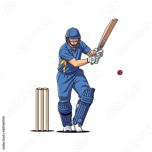 Dynamic cricketer in blue uniform swings bat powerfully during intense match, focused on hitting the ball with skill and precision