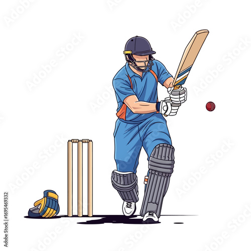 Dynamic cricketer in blue uniform powerfully swings bat at incoming ball, ready to score winning runs on field