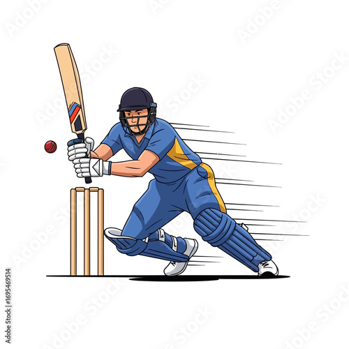 Dynamic cricketer striking the ball with power and precision during an intense match action shot