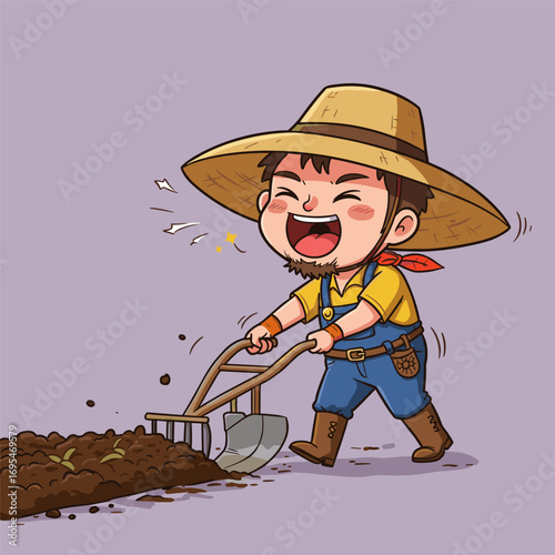 Cartoon farmer smiling with eyes closed while plowing soil with green sprouts, wearing a straw hat, yellow shirt, blue overalls, red bandana, gloves, and boots on a light purple background.