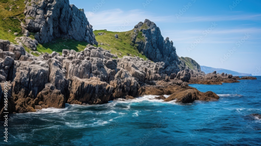 Rugged coastal cliffs meet vibrant blue ocean waters waves crashing Rugged coastal cliffs meet vibrant blue ocean waters waves crashing