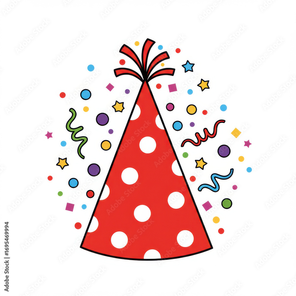Obraz premium Red party hat with white polka dots and colorful confetti.