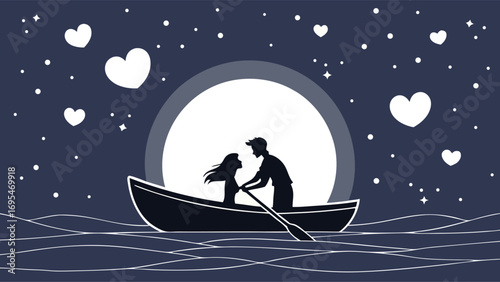 Couple in a boat under the moon and stars with hearts