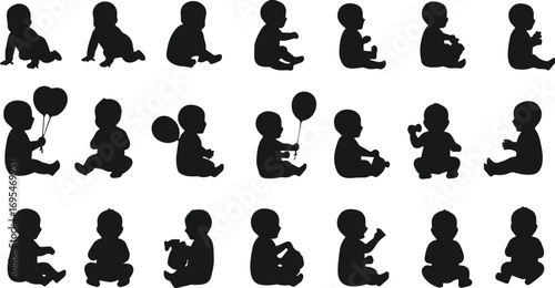Baby Silhouettes, Crawling Infant Poses, Sitting Toddlers, Balloon Holding Kids, Playful Baby Shapes, Black Silhouettes, Isolated Children, Vector Illustration