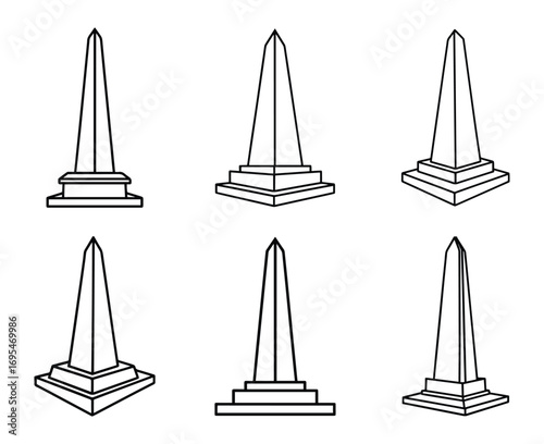 Set of Obelisk monument line art, black outline, vector and illustration