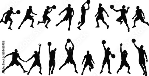 Basketball player silhouette, dynamic action poses, dribbling, shooting, passing, jumping, defending, sports movement, athletic motion, team game, competition