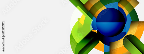 Abstract design features vibrant overlapping curves. Colors include blue, green, yellow, orange. Modern aesthetic, clean background.
