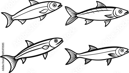Set of herring fish outline vector and illustration line art