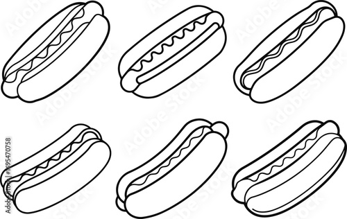 hot dog set line art, black outline, vector and illustration
