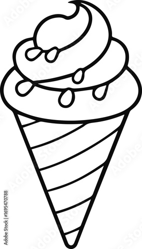 ice cream cone line art, black outline, vector and illustration