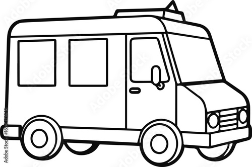 ice cream truck line art, black outline, vector and illustration