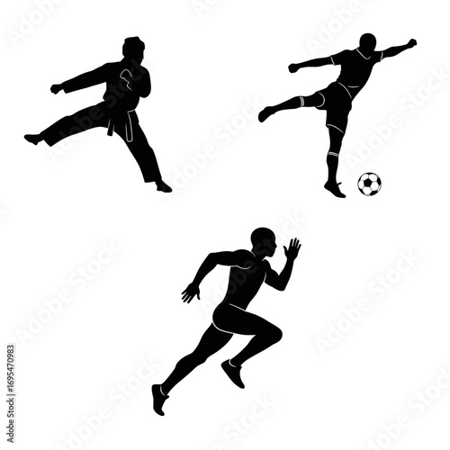 A collection of three black silhouettes depicting athletes in motion: a martial artist kicking, a soccer player, and a sprinter running.