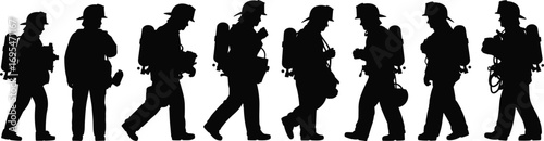 Firefighter silhouettes walking in line, emergency response team, rescue gear, helmets, axes, hose, teamwork, danger, smoke, bravery, protection, uniform, equipment, safety, firemen, motion